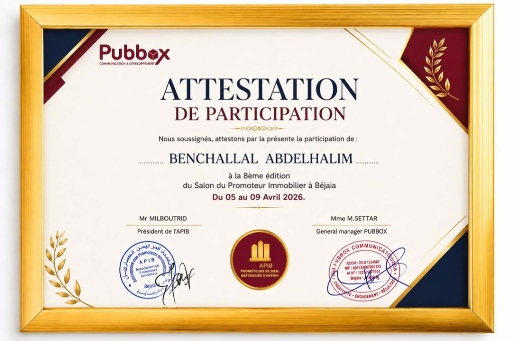 Attestation de participation — 8ème édition du Salon du Promoteur Immobilier à Béjaïa